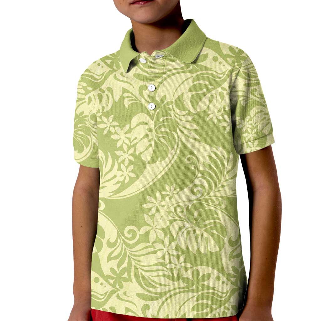 Tahiti Olive Tiare Floral Kid Polo Shirt Monstera Palm Tropical Leaves - Polynesian Pride