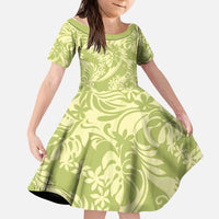 Tahiti Olive Tiare Floral Kid Short Sleeve Dress Monstera Palm Tropical Leaves - Polynesian Pride