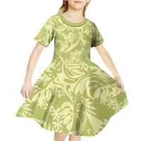 Tahiti Olive Tiare Floral Kid Short Sleeve Dress Monstera Palm Tropical Leaves - Polynesian Pride