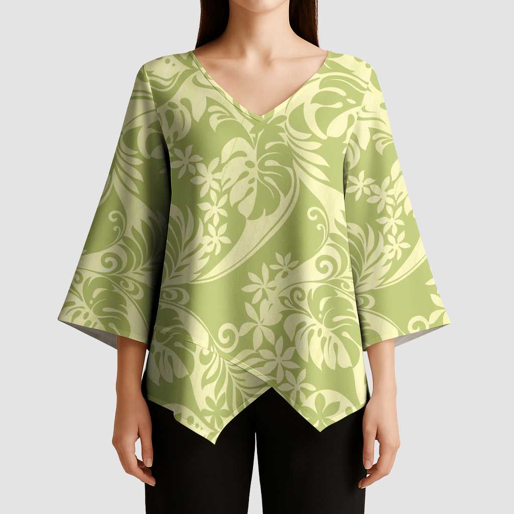 Tahiti Olive Tiare Floral Kimono Sleeve Blouse Monstera Palm Tropical Leaves - Polynesian Pride
