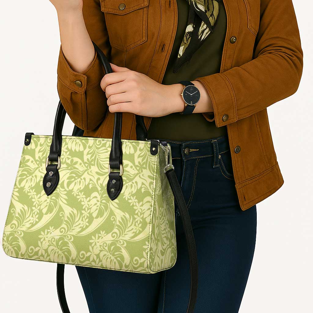 Tahiti Olive Tiare Floral Leather Bag Monstera Palm Tropical Leaves - Polynesian Pride