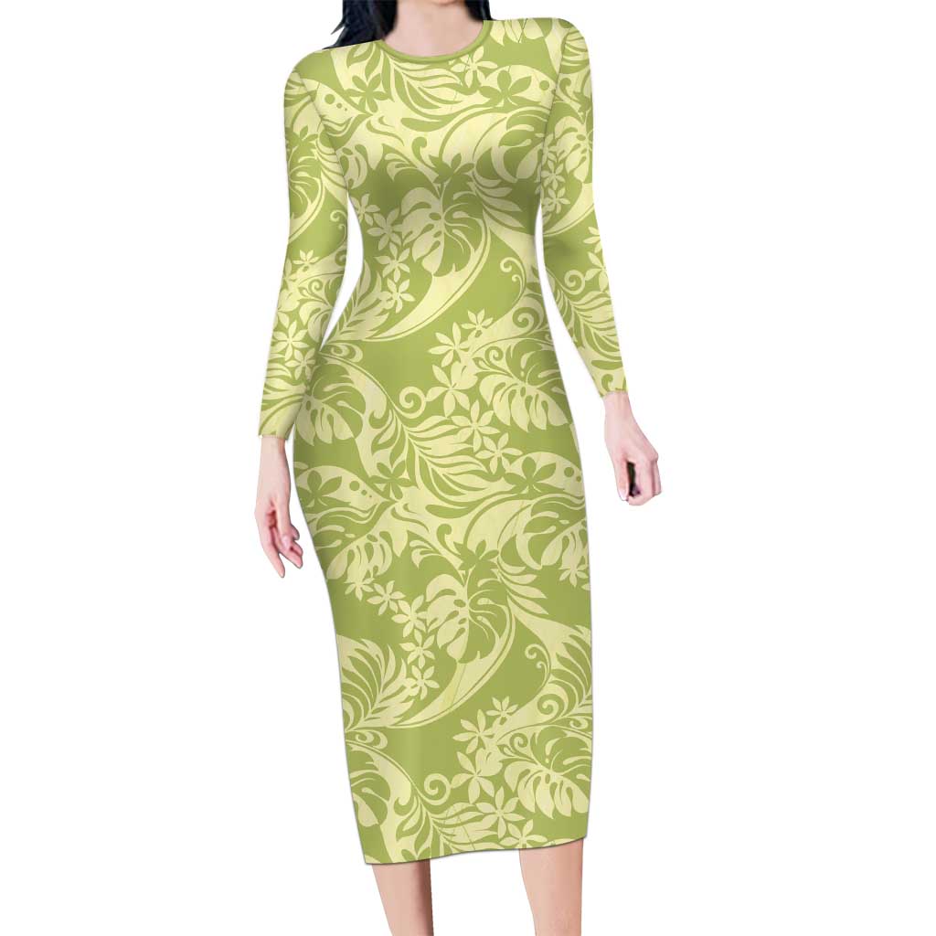 Tahiti Olive Tiare Floral Long Sleeve Bodycon Dress Monstera Palm Tropical Leaves - Polynesian Pride