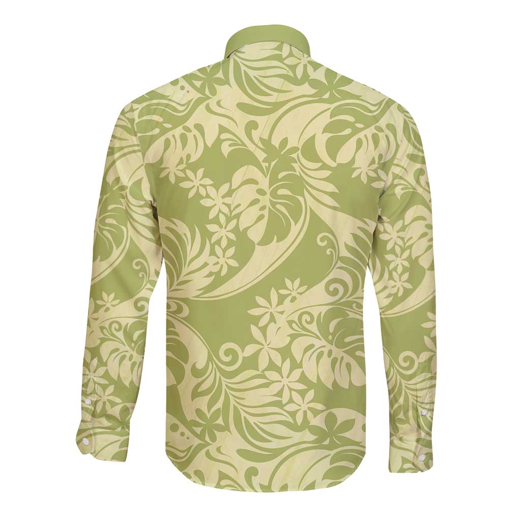 Tahiti Olive Tiare Floral Long Sleeve Button Shirt Monstera Palm Tropical Leaves - Polynesian Pride