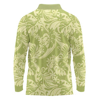 Tahiti Olive Tiare Floral Long Sleeve Polo Shirt Monstera Palm Tropical Leaves - Polynesian Pride