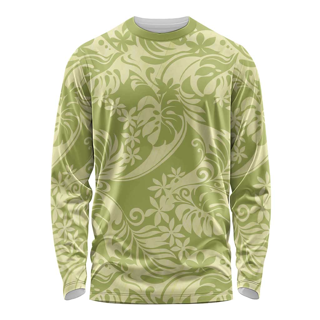 Tahiti Olive Tiare Floral Long Sleeve Shirt Monstera Palm Tropical Leaves - Polynesian Pride