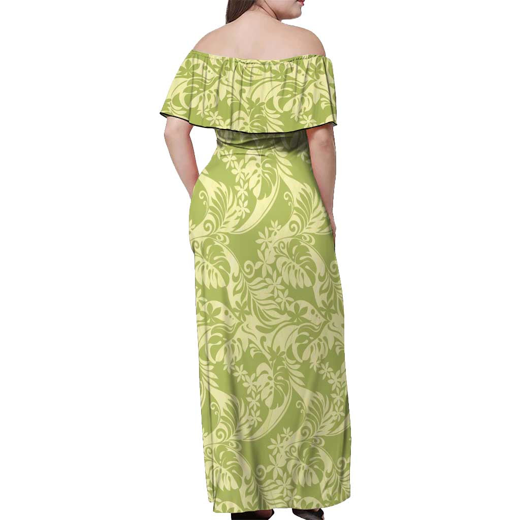 Tahiti Olive Tiare Floral Off Shoulder Maxi Dress Monstera Palm Tropical Leaves - Polynesian Pride