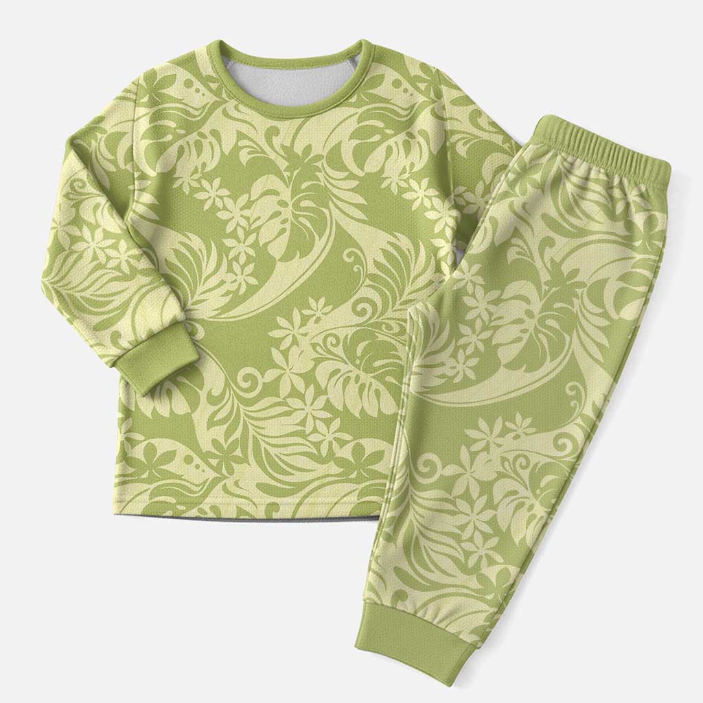 Tahiti Olive Tiare Floral Christmas Pajama Set Monstera Palm Tropical Leaves - Polynesian Pride