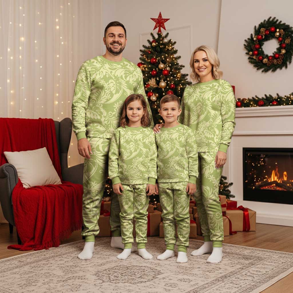Tahiti Olive Tiare Floral Christmas Pajama Set Monstera Palm Tropical Leaves - Polynesian Pride