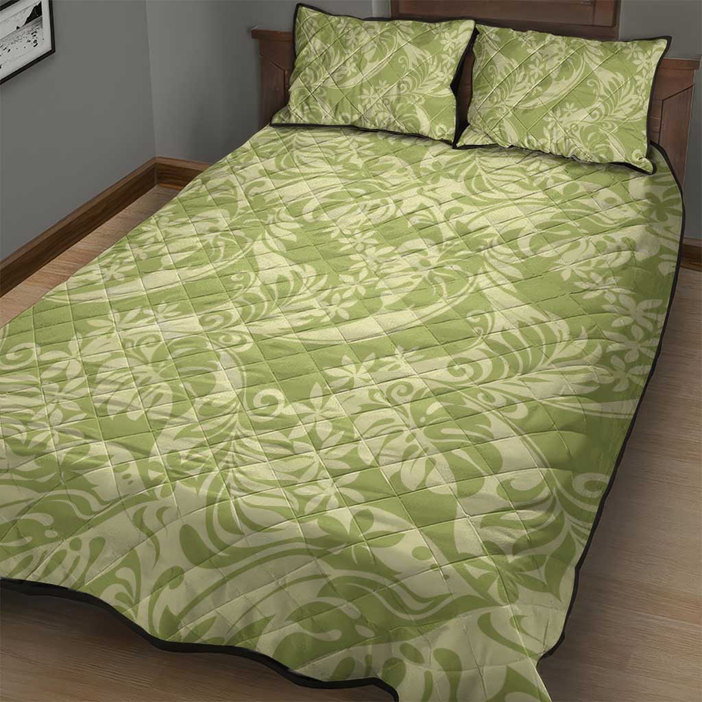 Tahiti Olive Tiare Floral Quilt Bed Set Monstera Palm Tropical Leaves - Polynesian Pride