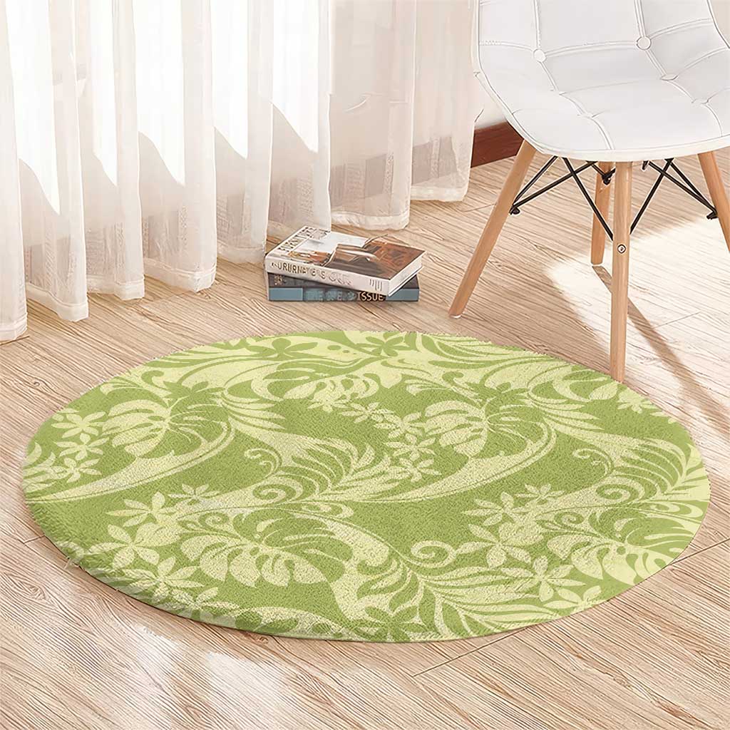 Tahiti Olive Tiare Floral Round Carpet Monstera Palm Tropical Leaves - Polynesian Pride
