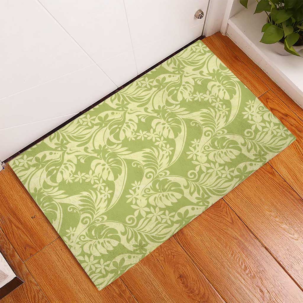 Tahiti Olive Tiare Floral Rubber Doormat Monstera Palm Tropical Leaves - Polynesian Pride