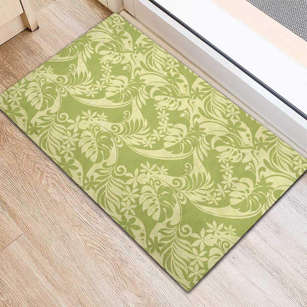 Tahiti Olive Tiare Floral Rubber Doormat Monstera Palm Tropical Leaves - Polynesian Pride