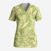 Tahiti Olive Tiare Floral Scrub Top Monstera Palm Tropical Leaves - Polynesian Pride