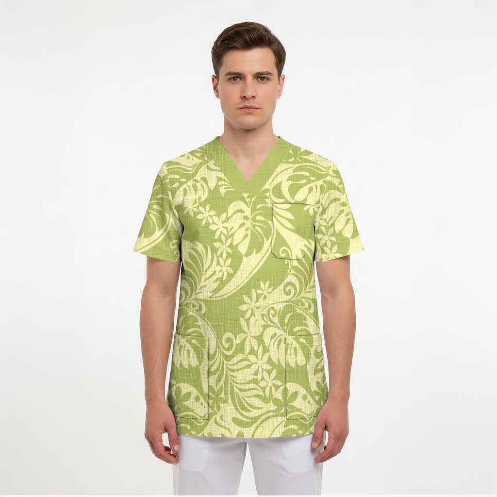 Tahiti Olive Tiare Floral Scrub Top Monstera Palm Tropical Leaves - Polynesian Pride
