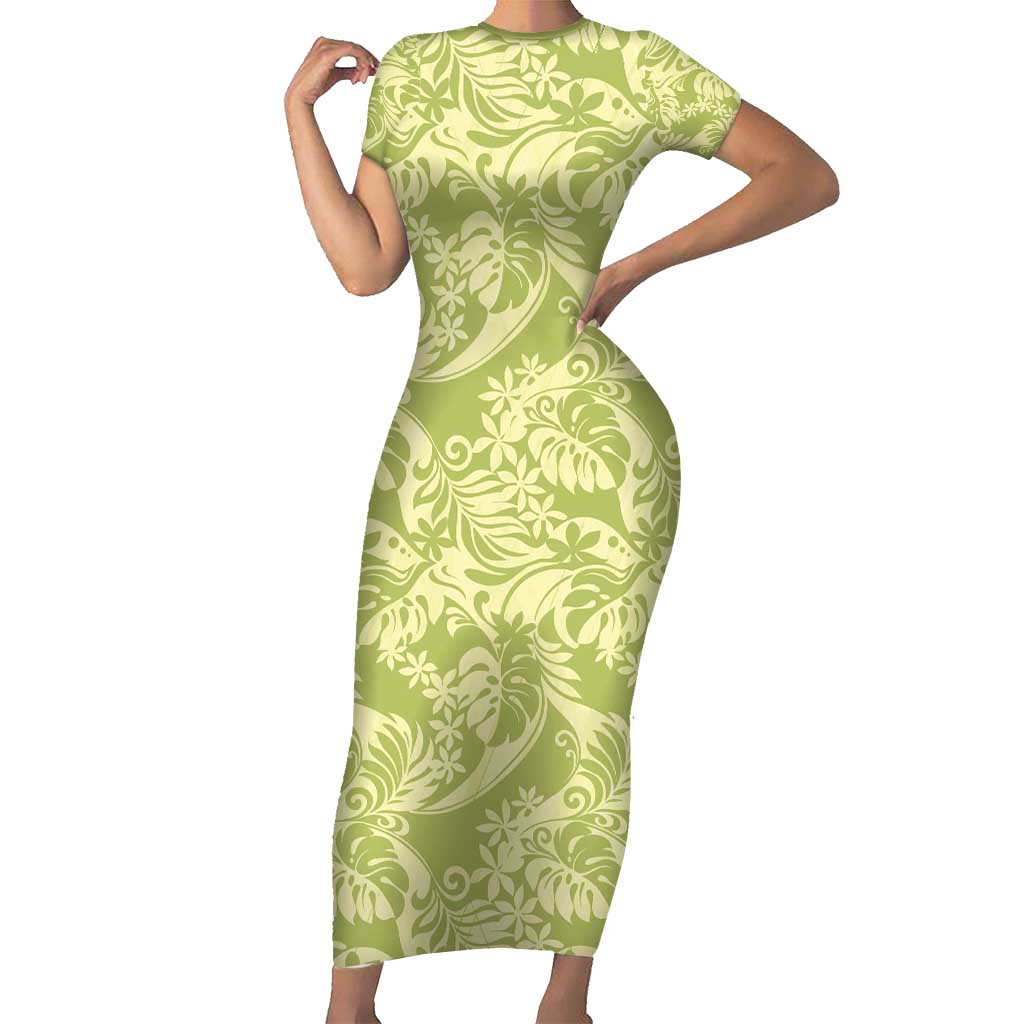 Tahiti Olive Tiare Floral Short Sleeve Bodycon Dress Monstera Palm Tropical Leaves - Polynesian Pride