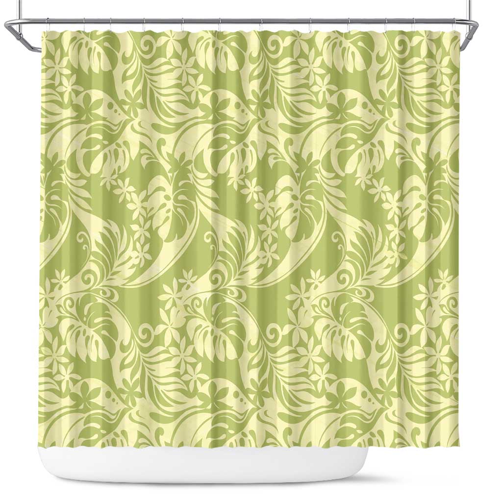 Tahiti Olive Tiare Floral Shower Curtain Monstera Palm Tropical Leaves - Polynesian Pride