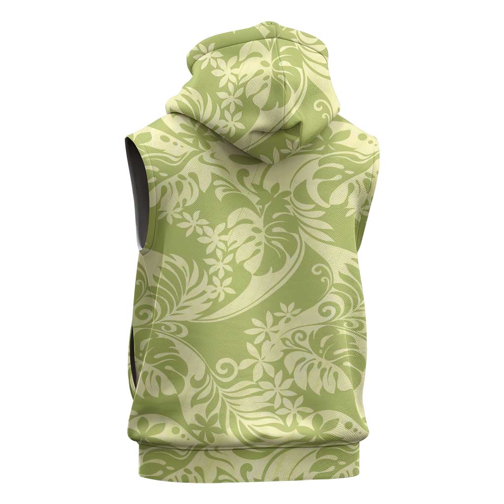 Tahiti Olive Tiare Floral Sleeveless Zip Hoodie Monstera Palm Tropical Leaves - Polynesian Pride