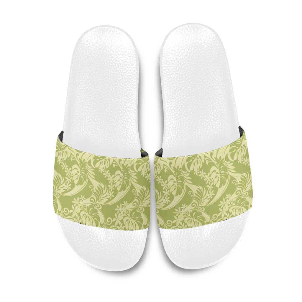 Tahiti Olive Tiare Floral Slide Sandals Monstera Palm Tropical Leaves - Polynesian Pride