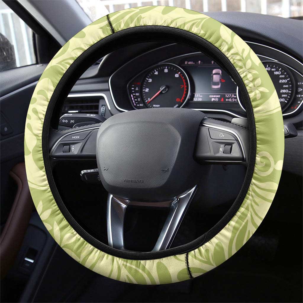 Tahiti Olive Tiare Floral Steering Wheel Cover Monstera Palm Tropical Leaves - Polynesian Pride