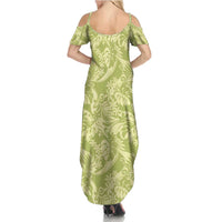 Tahiti Olive Tiare Floral Summer Maxi Dress Monstera Palm Tropical Leaves - Polynesian Pride