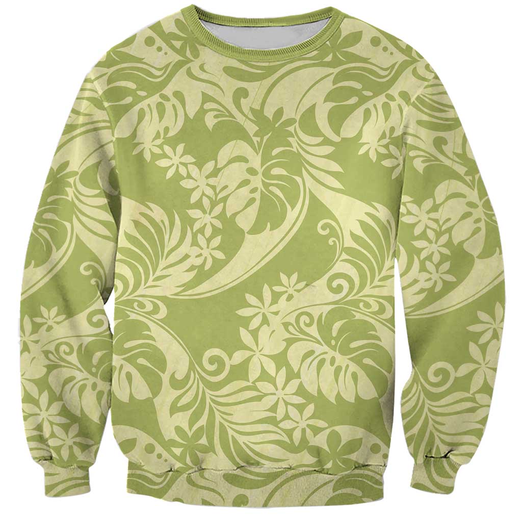 Tahiti Olive Tiare Floral Sweatshirt Monstera Palm Tropical Leaves - Polynesian Pride