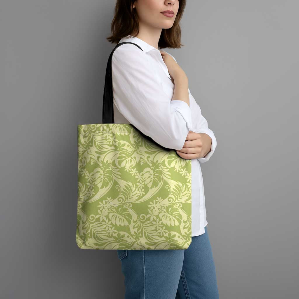 Tahiti Olive Tiare Floral Tote Bag Monstera Palm Tropical Leaves - Polynesian Pride