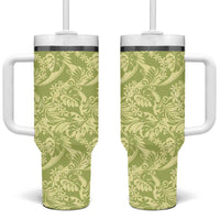 Tahiti Olive Tiare Floral Tumbler With Handle Monstera Palm Tropical Leaves - Polynesian Pride