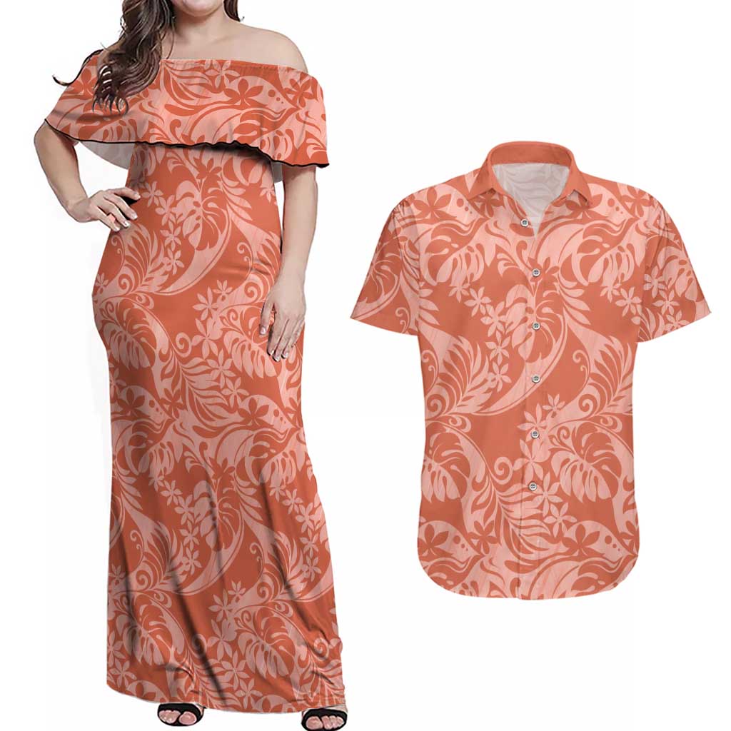 Tahiti Puatou Tiare Floral Couples Matching Off Shoulder Maxi Dress and Hawaiian Shirt Monstera Palm Tropical Leaves - Polynesian Pride