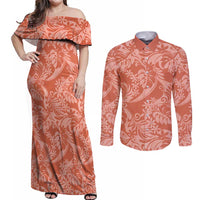 Tahiti Puatou Tiare Floral Couples Matching Off Shoulder Maxi Dress and Long Sleeve Button Shirt Monstera Palm Tropical Leaves - Polynesian Pride