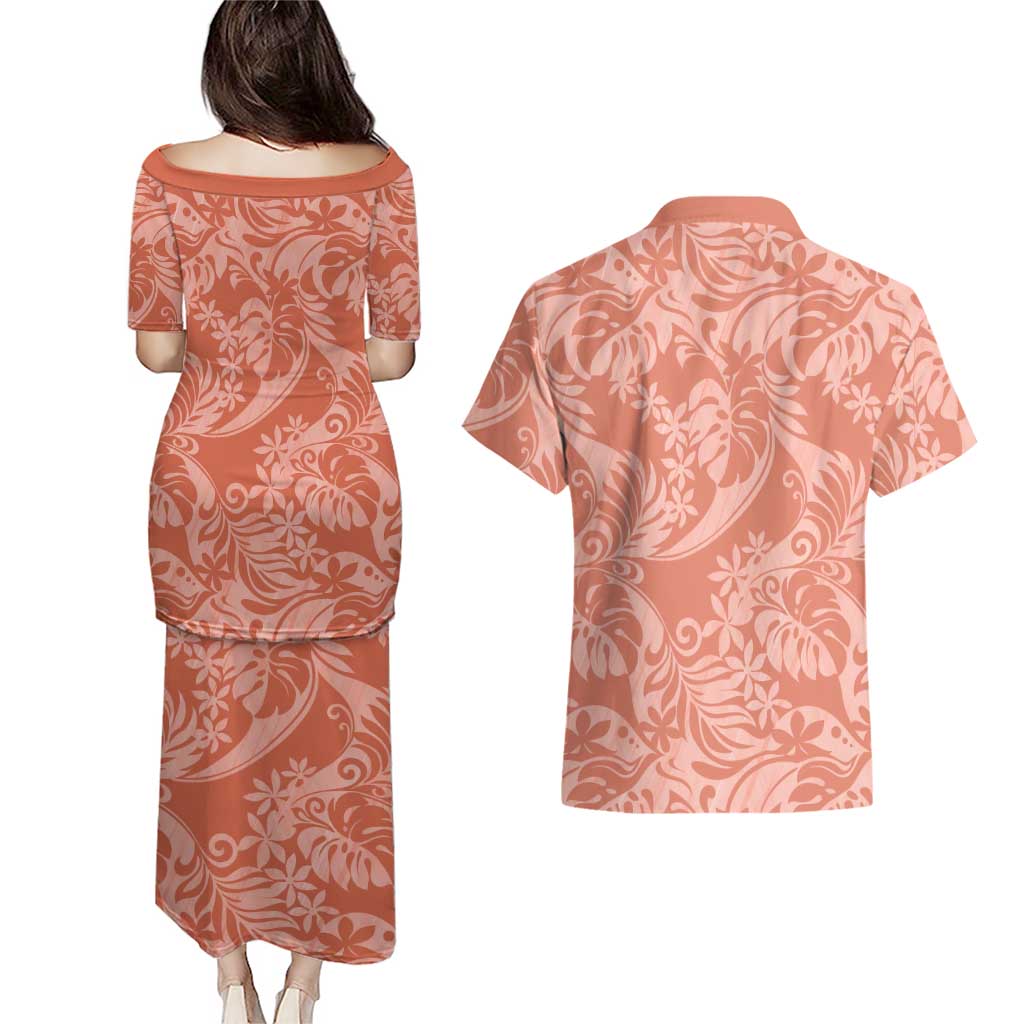 Tahiti Puatou Tiare Floral Couples Matching Puletasi and Hawaiian Shirt Monstera Palm Tropical Leaves - Polynesian Pride
