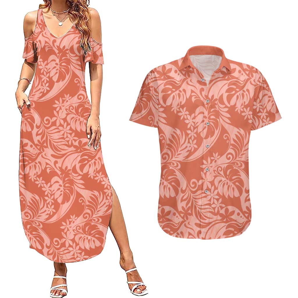 Tahiti Puatou Tiare Floral Couples Matching Summer Maxi Dress and Hawaiian Shirt Monstera Palm Tropical Leaves LT01 Orange - Polynesian Pride