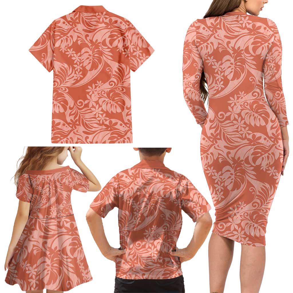Tahiti Puatou Tiare Floral Family Matching Long Sleeve Bodycon Dress and Hawaiian Shirt Monstera Palm Tropical Leaves LT01 - Polynesian Pride
