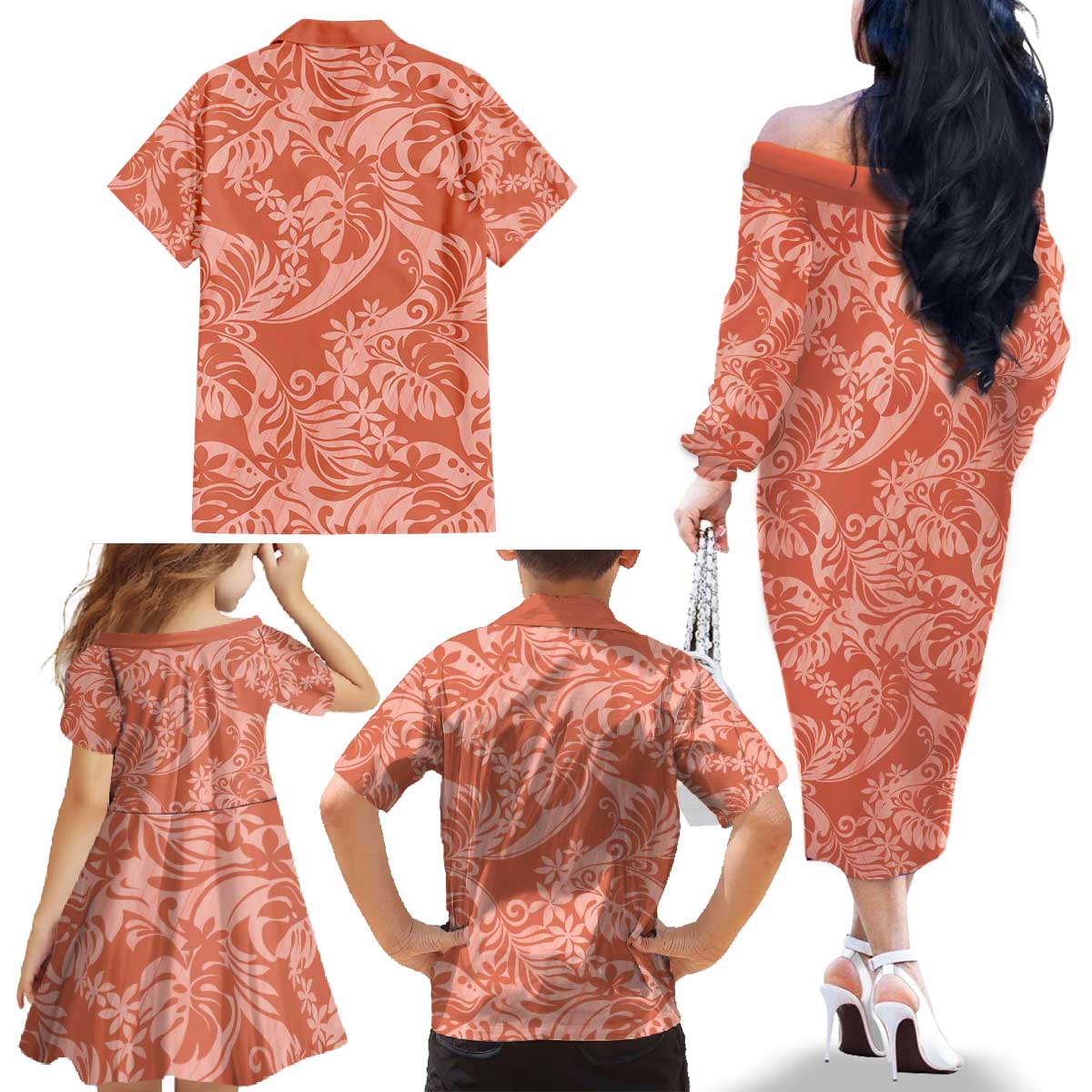 Tahiti Puatou Tiare Floral Family Matching Off The Shoulder Long Sleeve Dress and Hawaiian Shirt Monstera Palm Tropical Leaves - Polynesian Pride