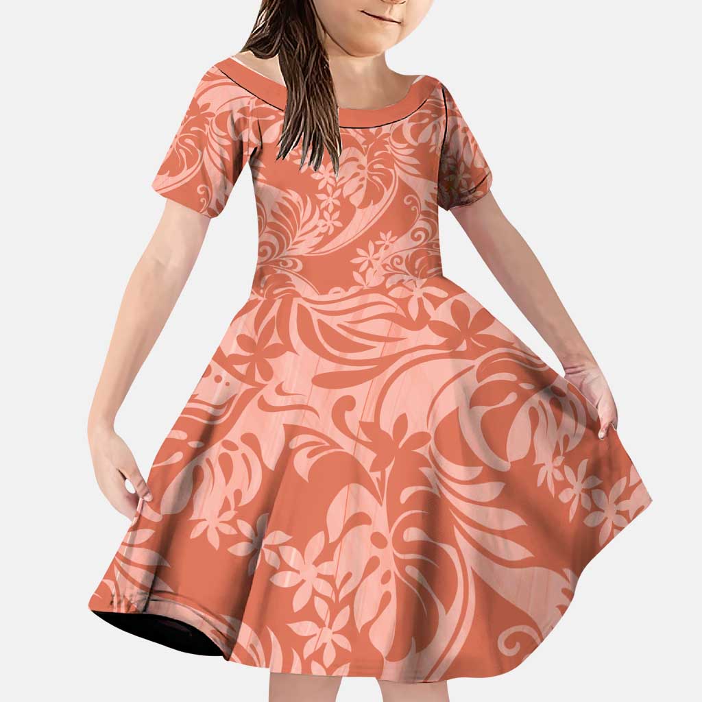 Tahiti Puatou Tiare Floral Family Matching Puletasi and Hawaiian Shirt Monstera Palm Tropical Leaves LT01 Daughter's Dress Orange - Polynesian Pride