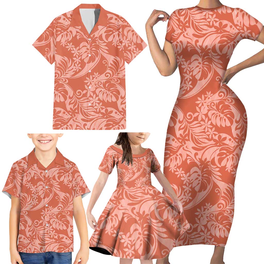 Tahiti Puatou Tiare Floral Family Matching Short Sleeve Bodycon Dress and Hawaiian Shirt Monstera Palm Tropical Leaves - Polynesian Pride