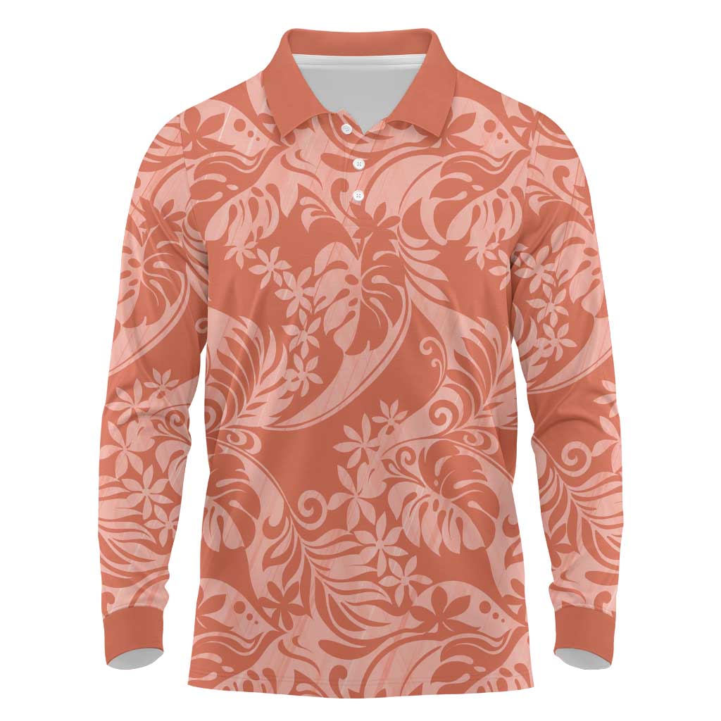 Tahiti Puatou Tiare Floral Long Sleeve Polo Shirt Monstera Palm Tropical Leaves - Polynesian Pride