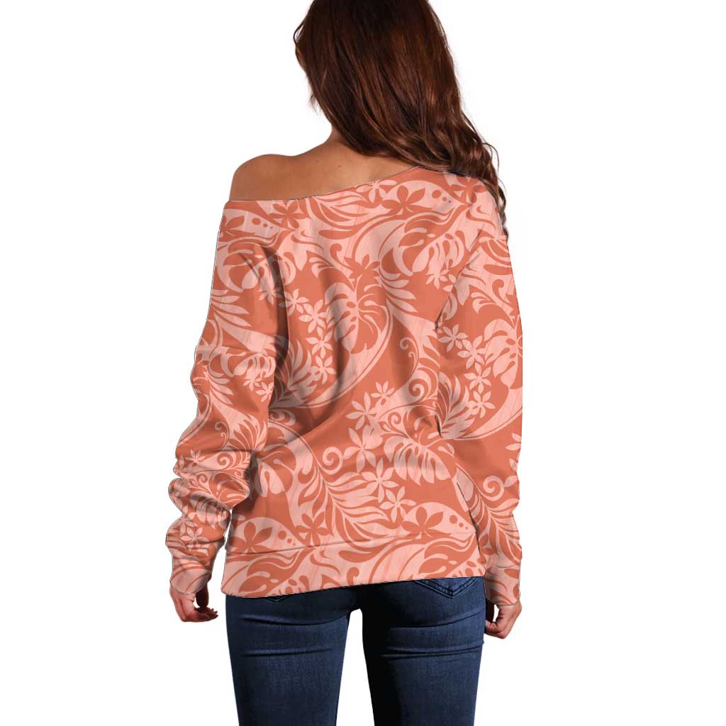 Tahiti Puatou Tiare Floral Off Shoulder Sweater Monstera Palm Tropical Leaves - Polynesian Pride