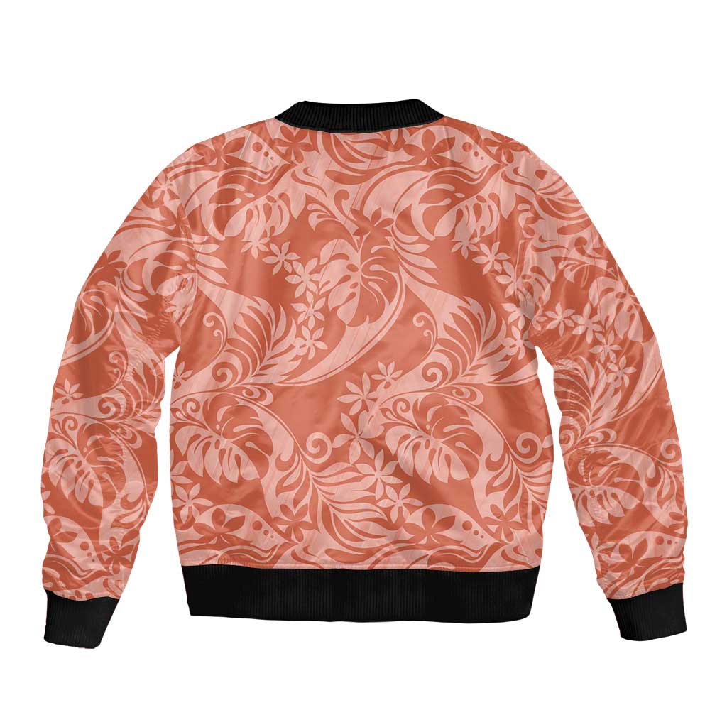 Tahiti Puatou Tiare Floral Sleeve Zip Bomber Jacket Monstera Palm Tropical Leaves - Polynesian Pride