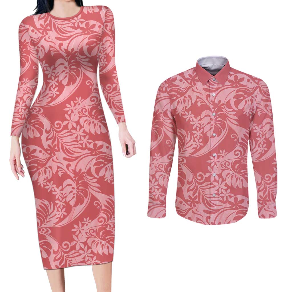 Tahiti Tarona Tiare Floral Couples Matching Long Sleeve Bodycon Dress and Long Sleeve Button Shirt Monstera Palm Tropical Leaves - Polynesian Pride