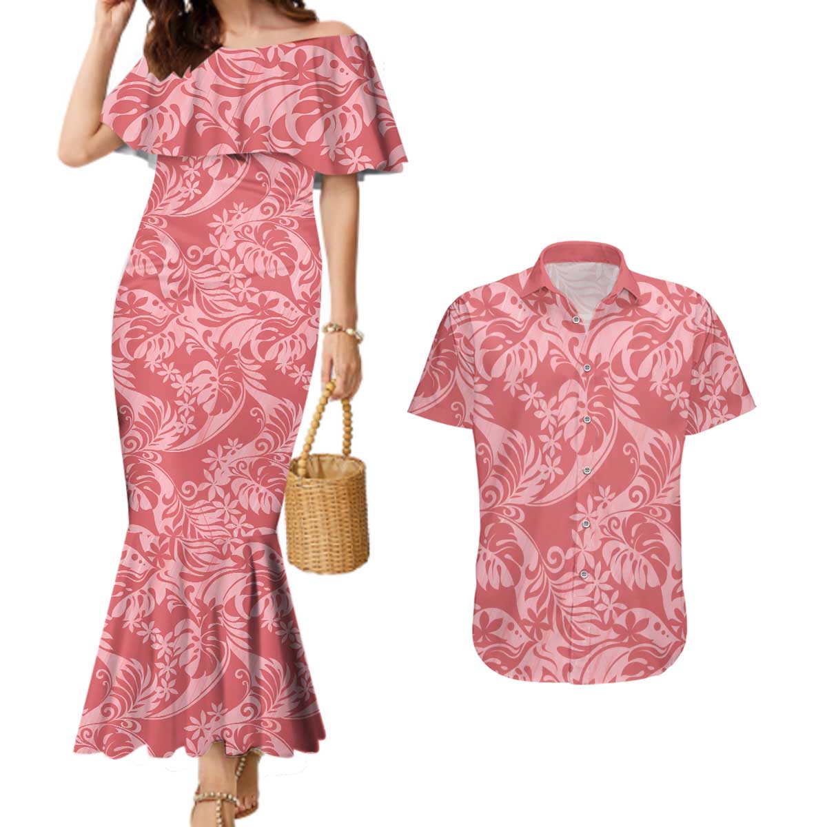 Tahiti Tarona Tiare Floral Couples Matching Mermaid Dress and Hawaiian Shirt Monstera Palm Tropical Leaves - Polynesian Pride