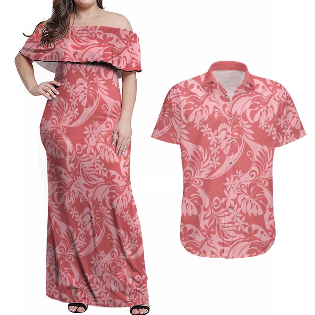 Tahiti Tarona Tiare Floral Couples Matching Off Shoulder Maxi Dress and Hawaiian Shirt Monstera Palm Tropical Leaves - Polynesian Pride