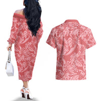 Tahiti Tarona Tiare Floral Couples Matching Off The Shoulder Long Sleeve Dress and Hawaiian Shirt Monstera Palm Tropical Leaves - Polynesian Pride