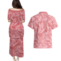 Tahiti Tarona Tiare Floral Couples Matching Puletasi and Hawaiian Shirt Monstera Palm Tropical Leaves - Polynesian Pride