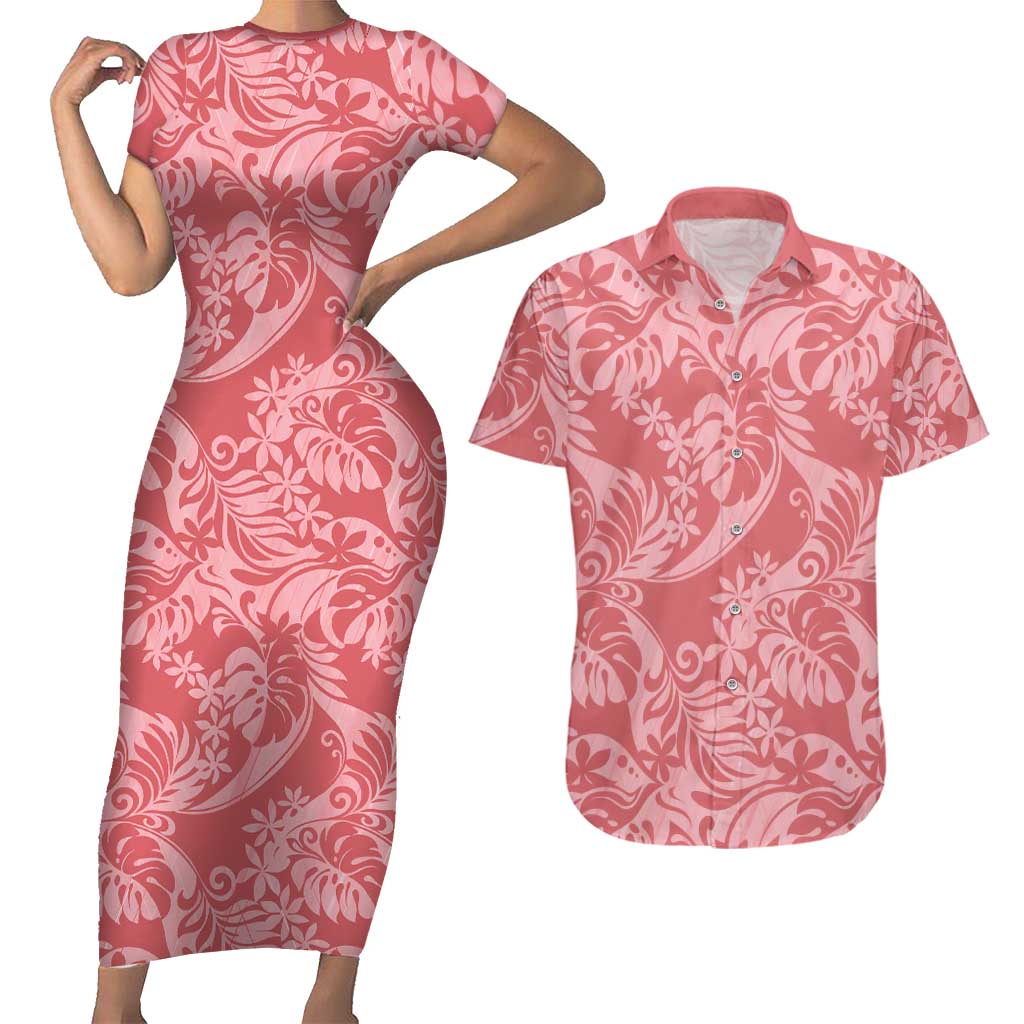 Tahiti Tarona Tiare Floral Couples Matching Short Sleeve Bodycon Dress and Hawaiian Shirt Monstera Palm Tropical Leaves - Polynesian Pride