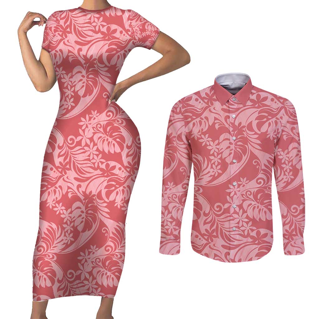 Tahiti Tarona Tiare Floral Couples Matching Short Sleeve Bodycon Dress and Long Sleeve Button Shirt Monstera Palm Tropical Leaves - Polynesian Pride