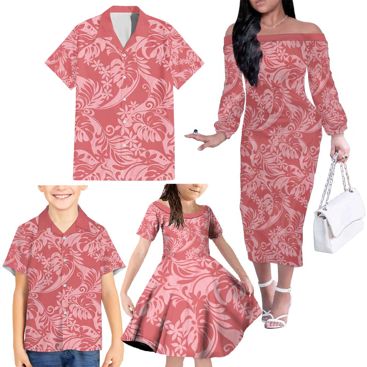 Tahiti Tarona Tiare Floral Family Matching Off The Shoulder Long Sleeve Dress and Hawaiian Shirt Monstera Palm Tropical Leaves - Polynesian Pride
