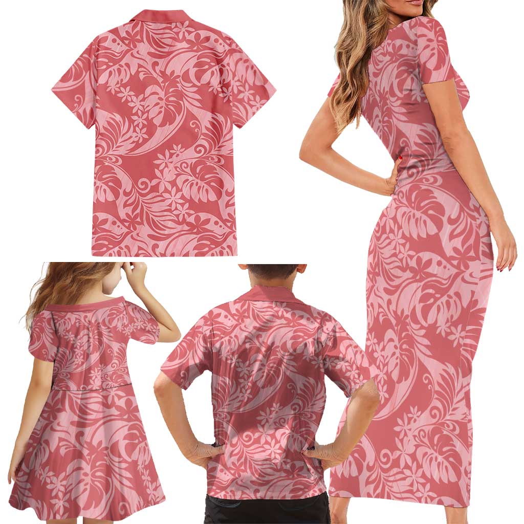 Tahiti Tarona Tiare Floral Family Matching Short Sleeve Bodycon Dress and Hawaiian Shirt Monstera Palm Tropical Leaves LT01 - Polynesian Pride