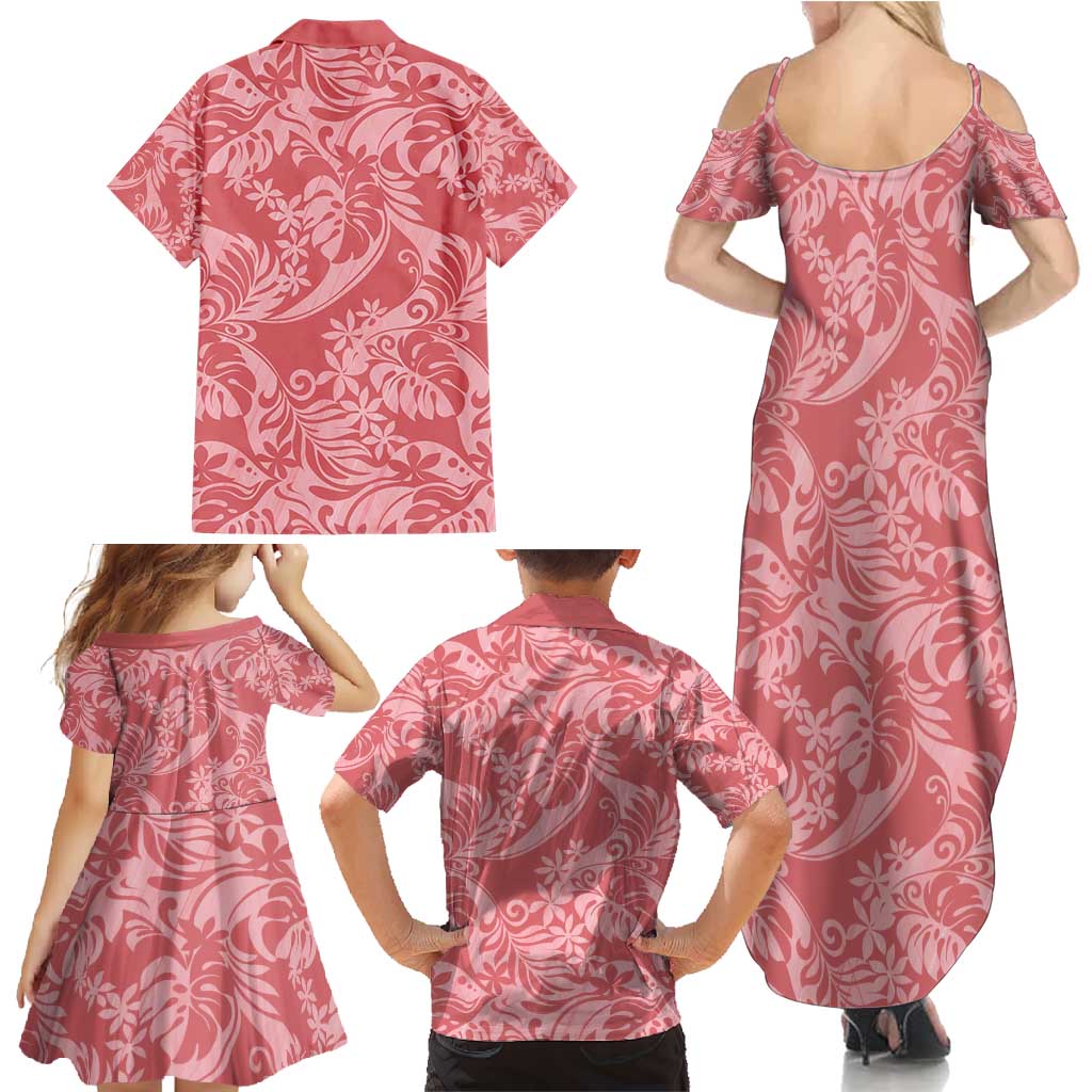Tahiti Tarona Tiare Floral Family Matching Summer Maxi Dress and Hawaiian Shirt Monstera Palm Tropical Leaves - Polynesian Pride
