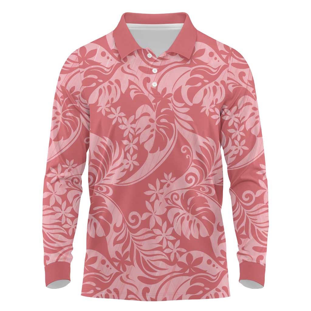 Tahiti Tarona Tiare Floral Long Sleeve Polo Shirt Monstera Palm Tropical Leaves - Polynesian Pride