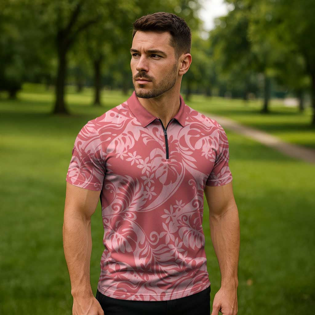 Tahiti Tarona Tiare Floral Zipper Polo Shirt Monstera Palm Tropical Leaves - Polynesian Pride